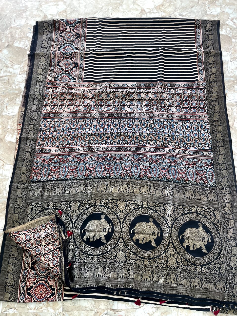 Dola Benarasi Pallu Ajrakh Hand Block Print Saree | Authentic Handloom Elegance