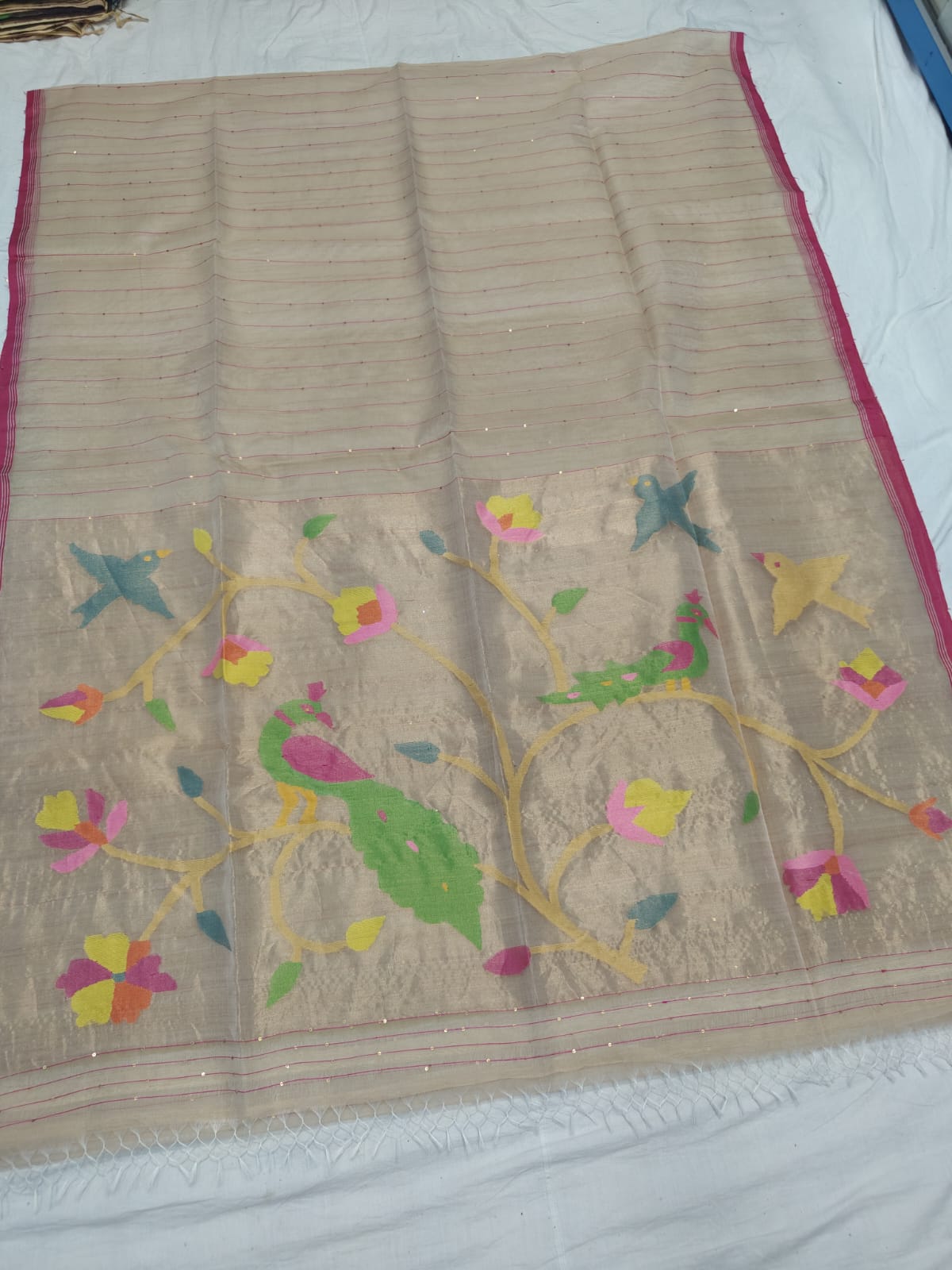 𝓞𝓭𝓱𝓪𝓷𝓲 – Muslin Silk Pathani Weave Saree with All-Over Sequin Elegance