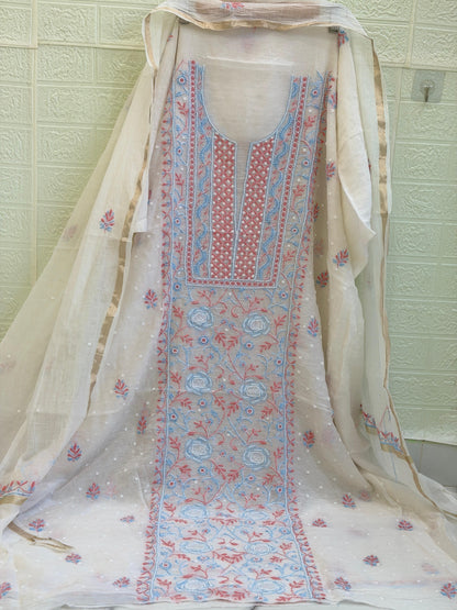 Fabric Mul Mul Chanderi Suit Set – Kurta & Dupatta | Chikan Fine Work | Colour Thread Embroidery | Pearl & Cuttdhana Detailing | Dyeable Fabric