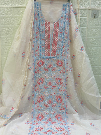 Fabric Mul Mul Chanderi Suit Set – Kurta & Dupatta | Chikan Fine Work | Colour Thread Embroidery | Pearl & Cuttdhana Detailing | Dyeable Fabric