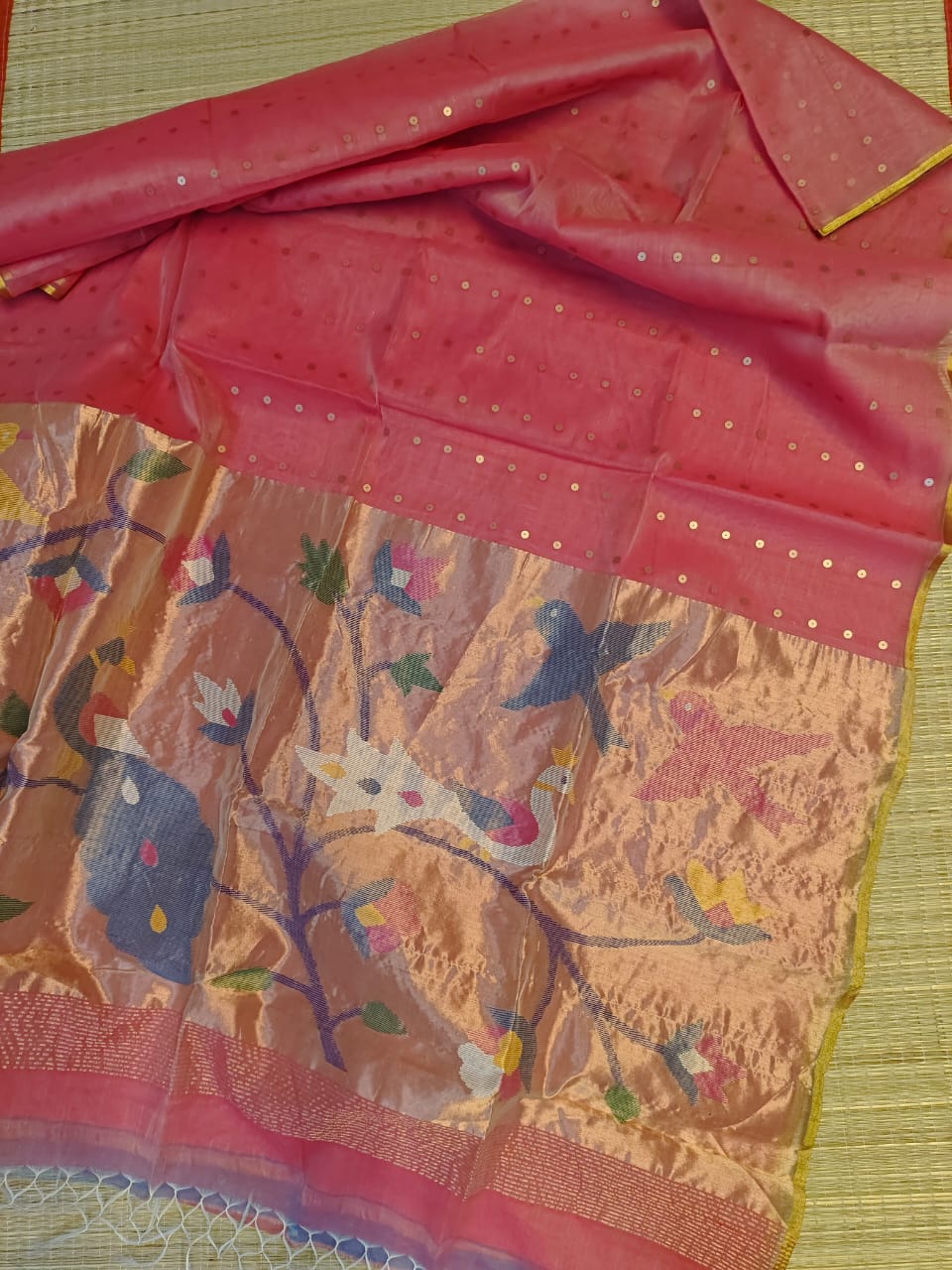 Goonj brass sequin embedded resham paithani saree