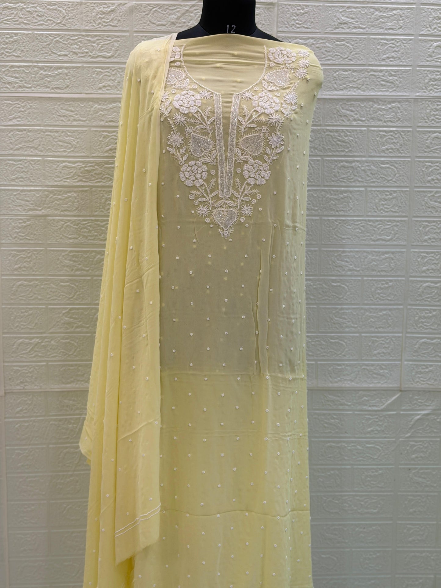 Viscose Georgette Suit Kurta Dupatta Set – Chikan Fine Work | Pearl & Cuttdhana Detailing | Dyeable Fabric