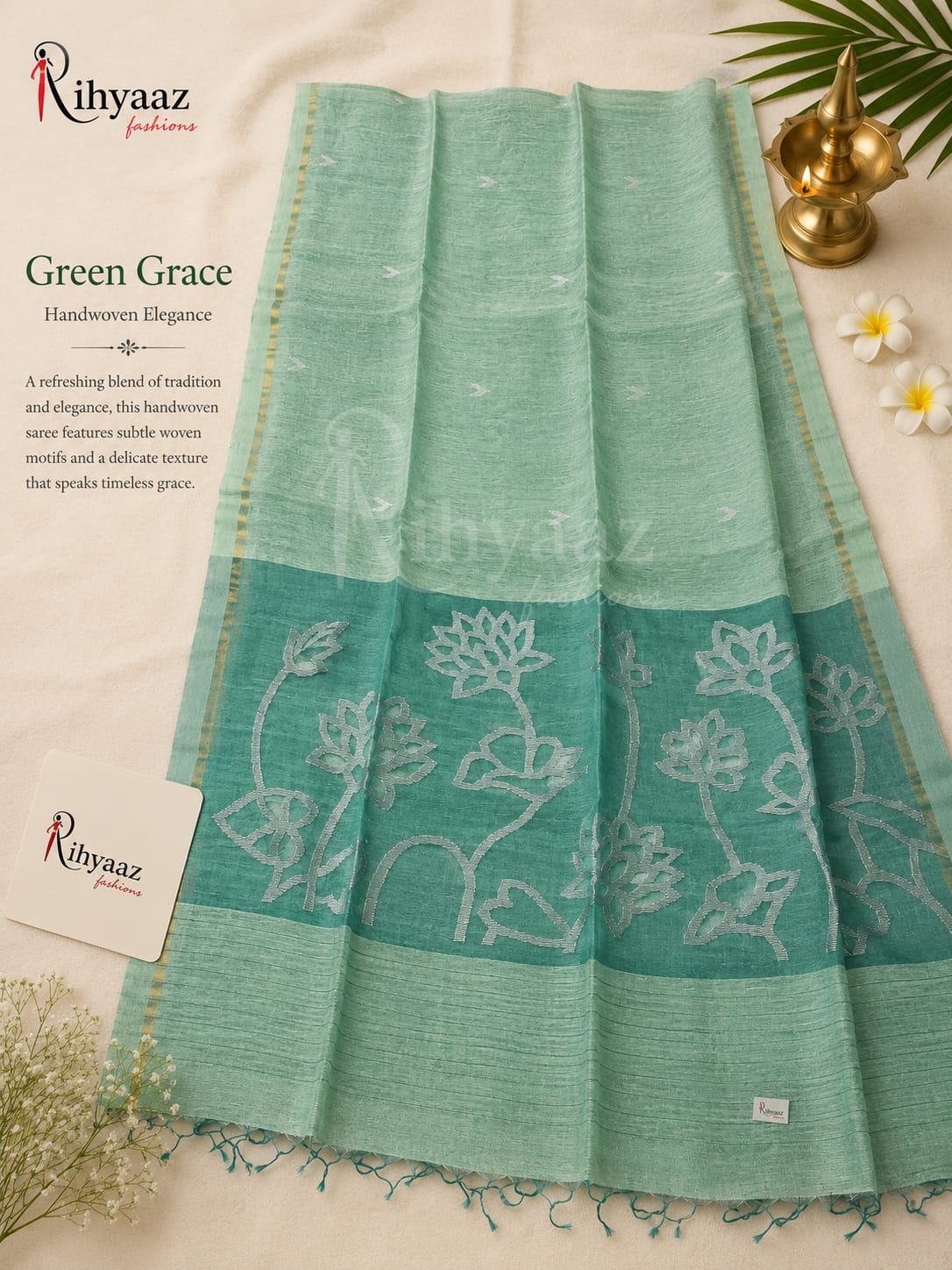 Ayat Linen Silk Resham Anchal Copper Silver Zari Jamdani Weaved Saree by Rihyaaz – Premium Handwoven Festive & Wedding Saree