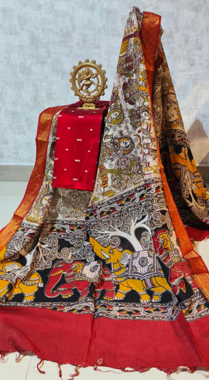 Ikkat Raw Silk Unstitched Dress Material with Kalamkari Dupatta