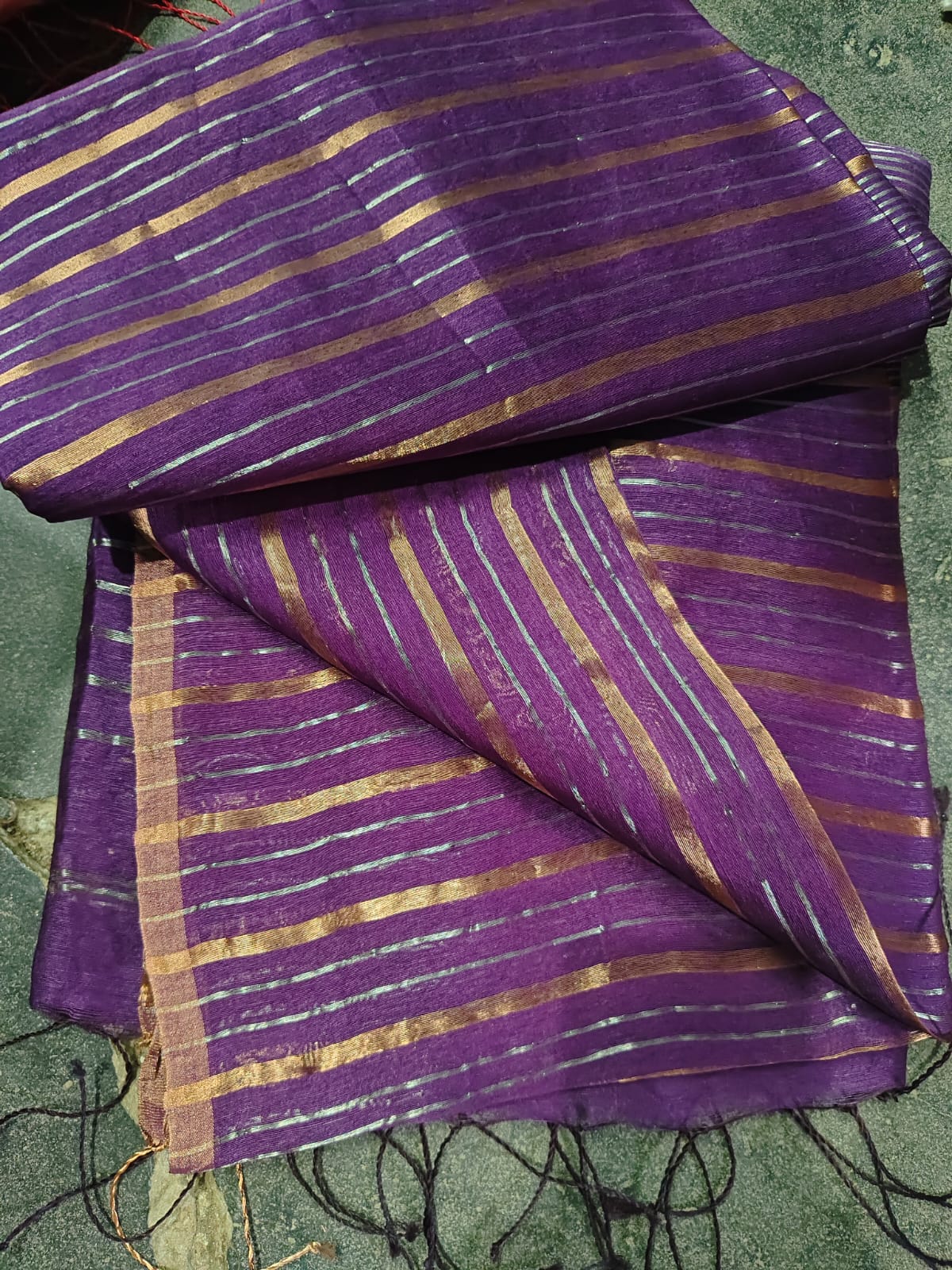Shaam Resham Dual Zari Stripe Silk Linen Saree | Premium Handwoven Elegance | Rihyaaz