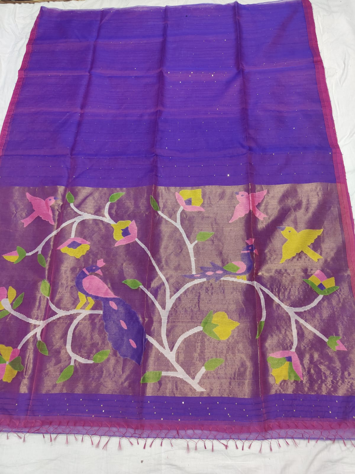 𝓞𝓭𝓱𝓪𝓷𝓲 – Muslin Silk Pathani Weave Saree with All-Over Sequin Elegance