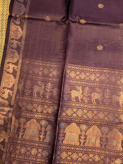 Hiran Dark brown pure Bengal Tussar silk Swarnachuri saree by Rihyaaz Fashions with running blouse piece.