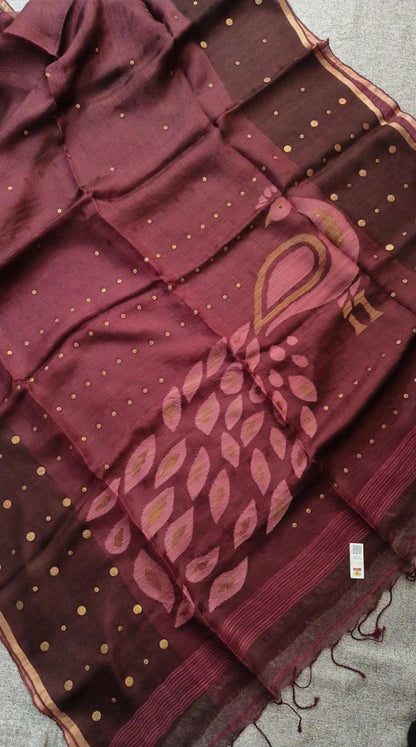 Keka premium Resham Silk Jamdani saree with handwoven needle Jamdani work, metal gini embellishments, peacock motif pallu, thin zari border, and running blouse piece.