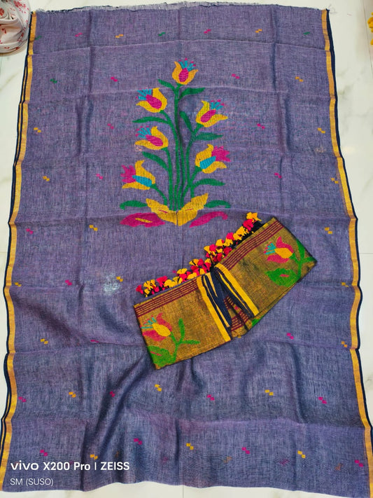 Cosmos – Floral Multicolour Weaved Jayshree Linen by Linen Jamdani Suits