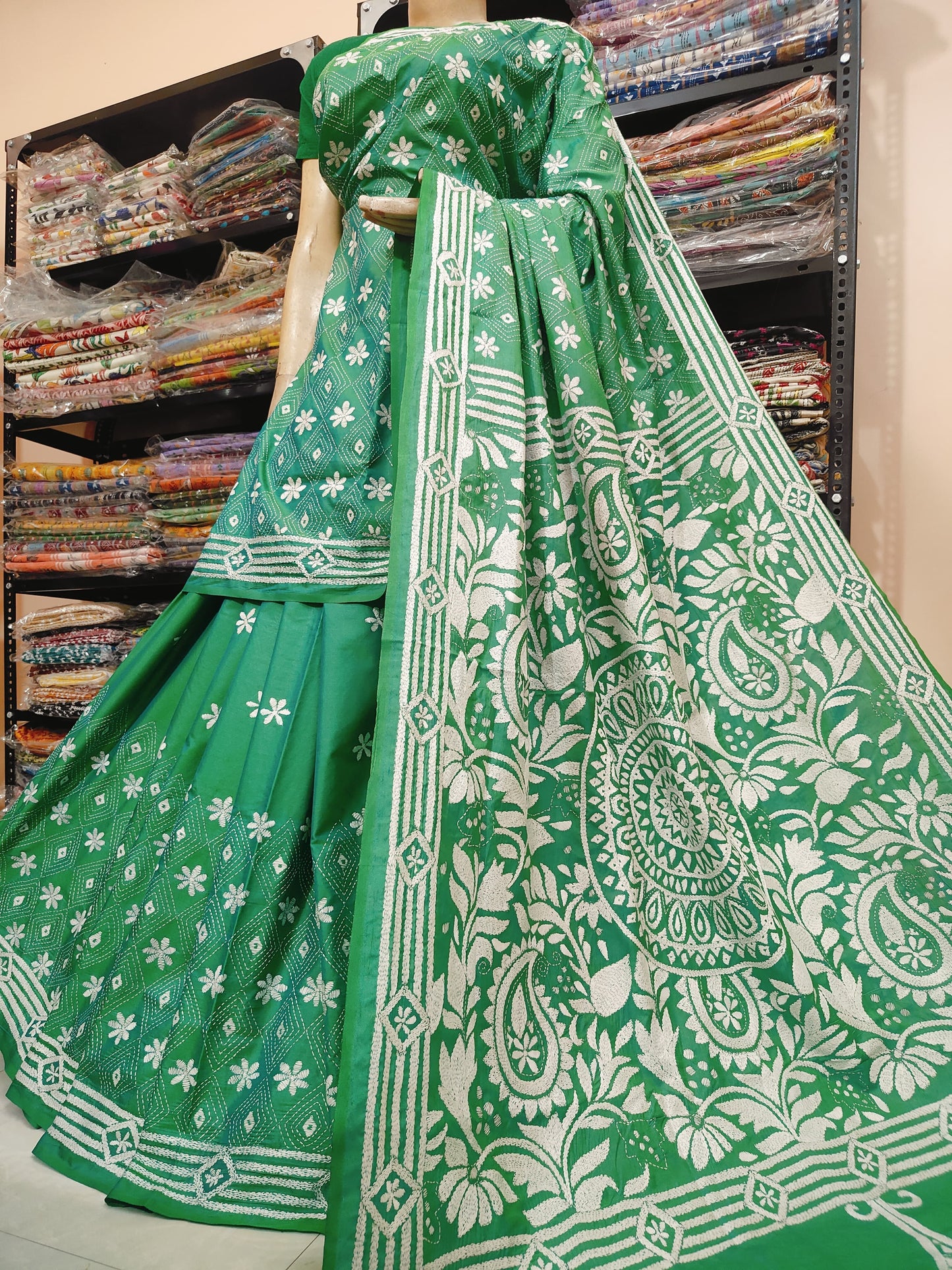 Traditional Shantiniketan Hand Kantha Stitch Saree in Blended Bangalore Silk | Rihyaaz