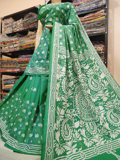 Traditional Shantiniketan Hand Kantha Stitch Saree in Blended Bangalore Silk | Rihyaaz