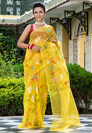 Papri Resham silk jamdani saree with allover handwoven bird & floral weaves by Rihyaaz 
