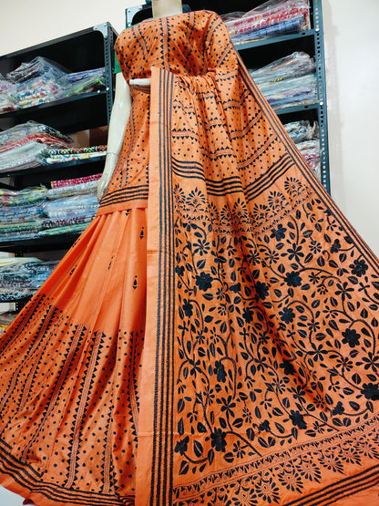 Traditional Shantiniketan Hand Kantha Stitch Saree in Blended Bangalore Silk | Rihyaaz