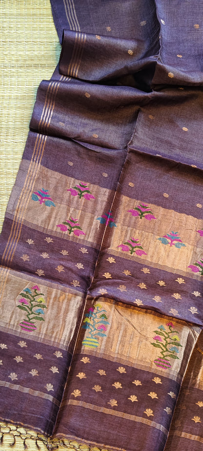 Ritwik premium Mauve tissue tussar saree with Paithani-inspired pallu and all-over Jamdani woven butta, featuring a running blouse piece from Rihyaaz’s exclusive festive collection.
