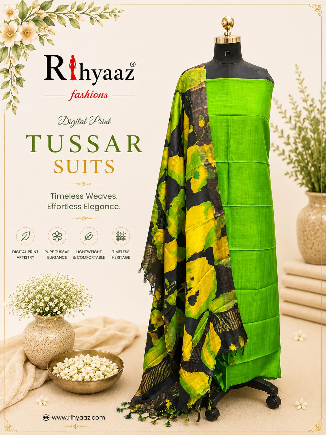 Mahi – Zari Tussar 4 Ply Digital Print Suit Set | Rihyaaz