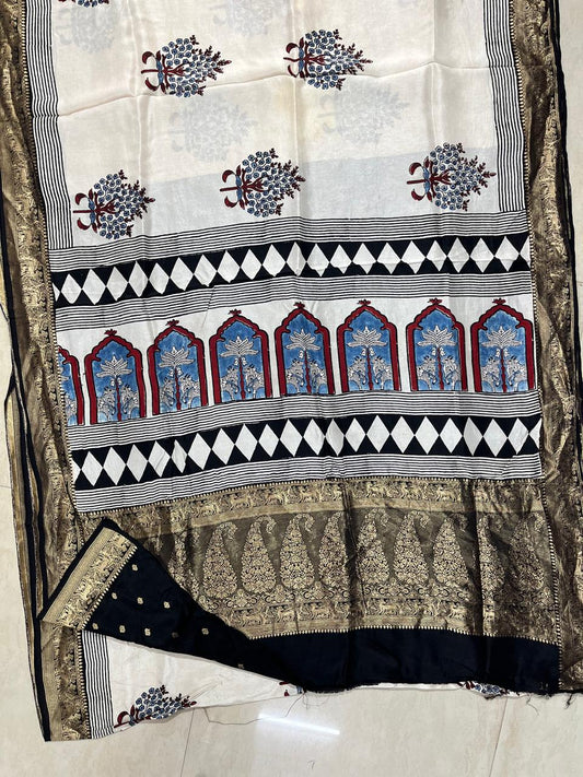 Dola Silk Rich Pallu Ajrakh Hand Block Print Saree