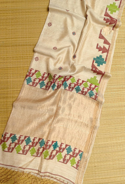 Qafiya - Handwoven Tussar Needle Jamdani saree by Rihyaaz featuring intricate woven motifs, premium Tussar silk fabric, elegant drape, and authentic Bengal craftsmanship for festive and wedding wear.