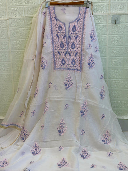 Mul Mul Chanderi Suit Set – Kurta & Dupatta | Fine Chikan Work | Colour-Dyeble Fabric