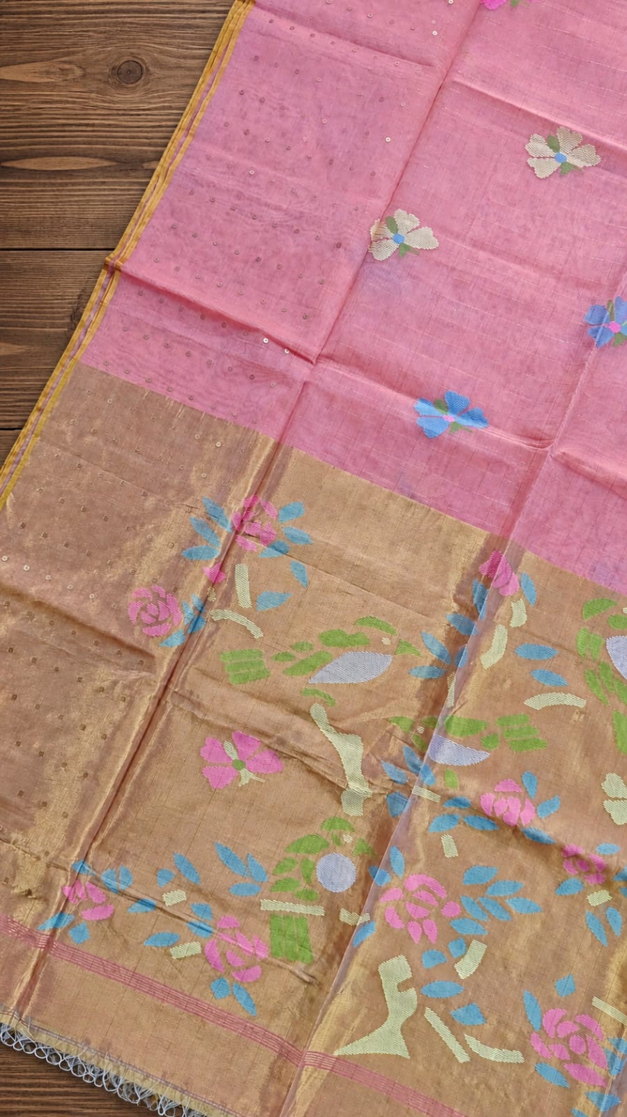 Titli by Rihyaaz – Beautiful muslin Paithani style needle work Jamdani saree with delicate sequins work and matching blouse piece, handcrafted for festive and occasion wear.