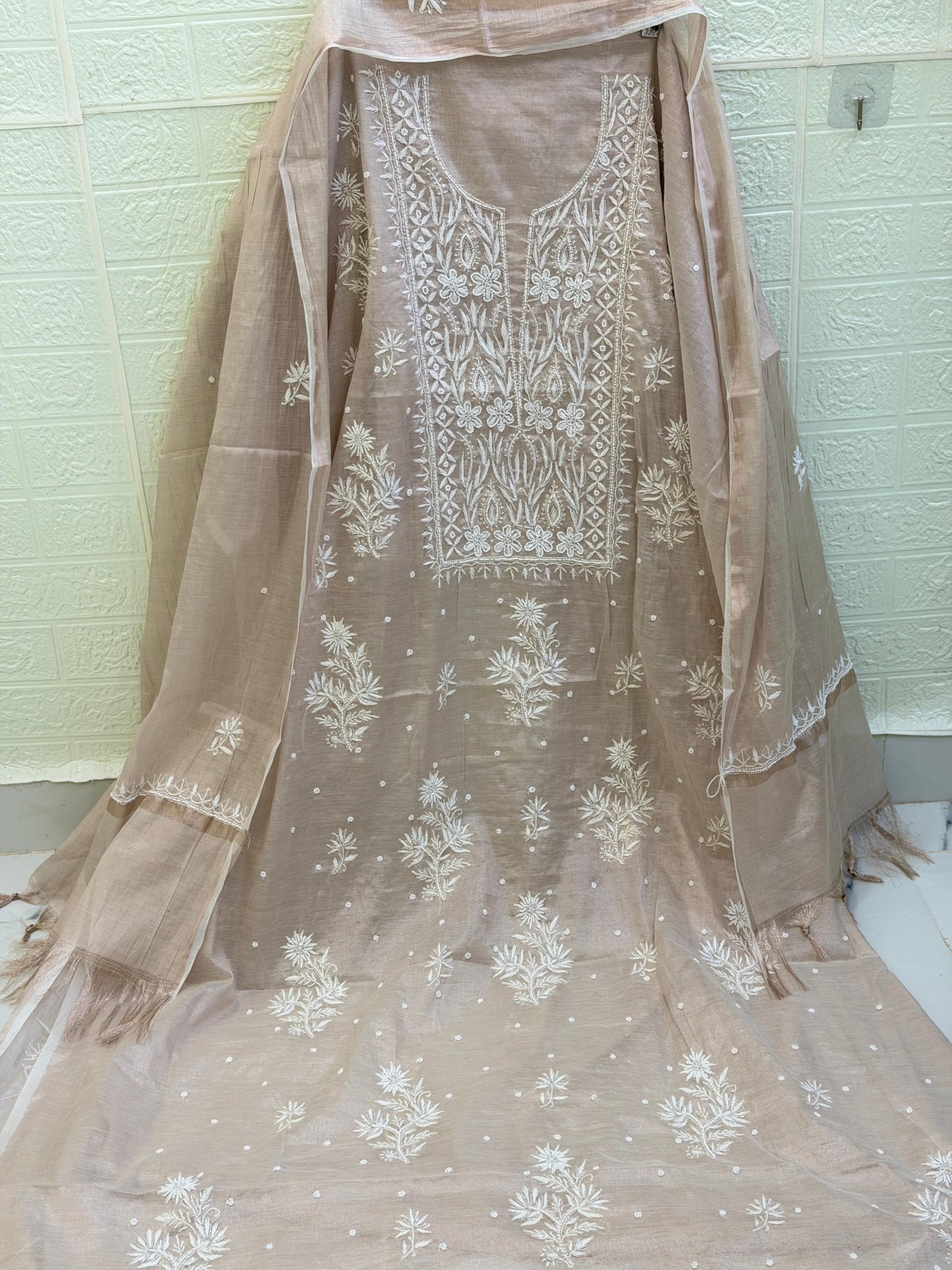 Fabric Rose Gold Tissue Chanderi Suit Set | Chikan Fine Work | Pearl & Cutdana Detailing | Dyeable Fabric