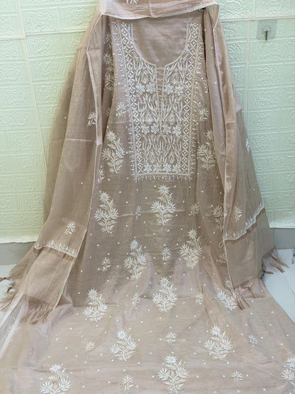 Fabric Rose Gold Tissue Chanderi Suit Set | Chikan Fine Work | Pearl & Cutdana Detailing | Dyeable Fabric