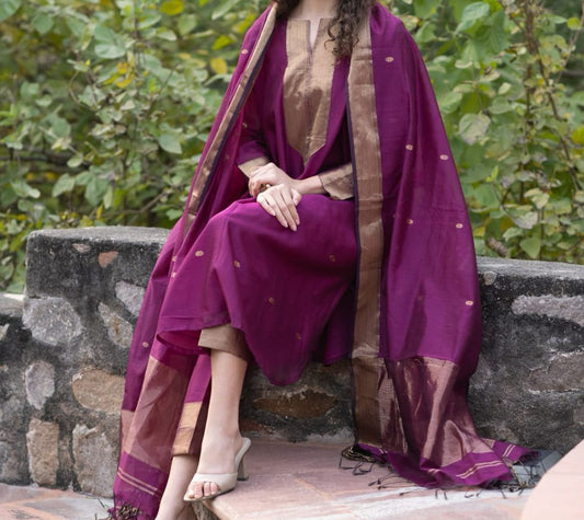 Mallika – Pure Maheshwari Handloom Silk-by-Cotton 2-Piece Suit Set