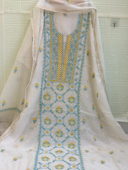 Fabric Mul Mul Chanderi Suit Set – Kurta & Dupatta | Chikan Fine Work | Colour Thread Embroidery | Pearl & Cuttdhana Detailing | Dyeable Fabric