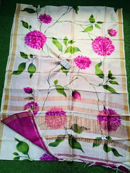 Pure Handloom Tussar Silk – Digital Print & Hand-Painted Saree (Silk Mark Certified)