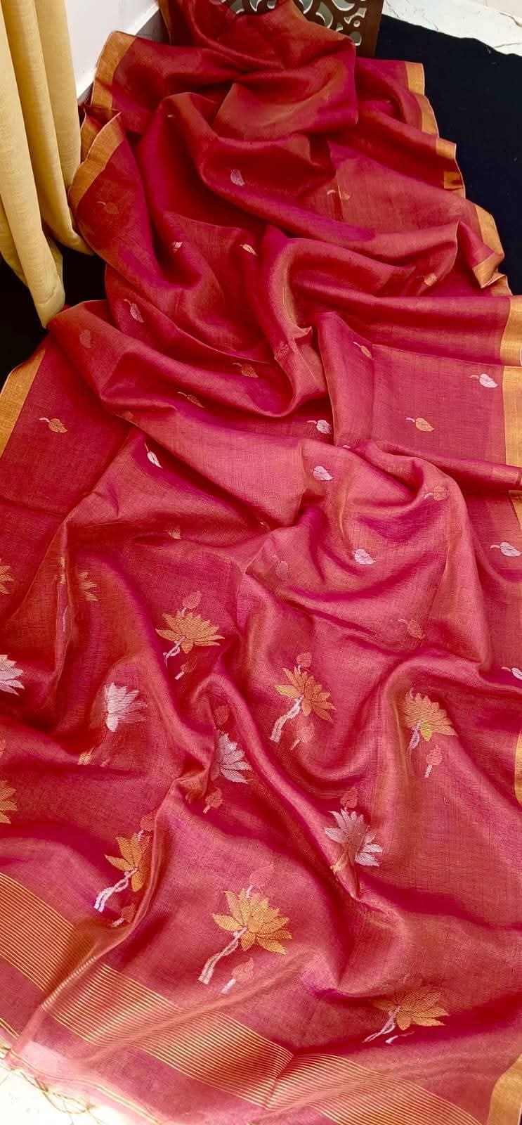 Pure Tissue Linen Handwoven Butta Work Jamdani Saree with Running Blouse Piece Premium Handloom Collection