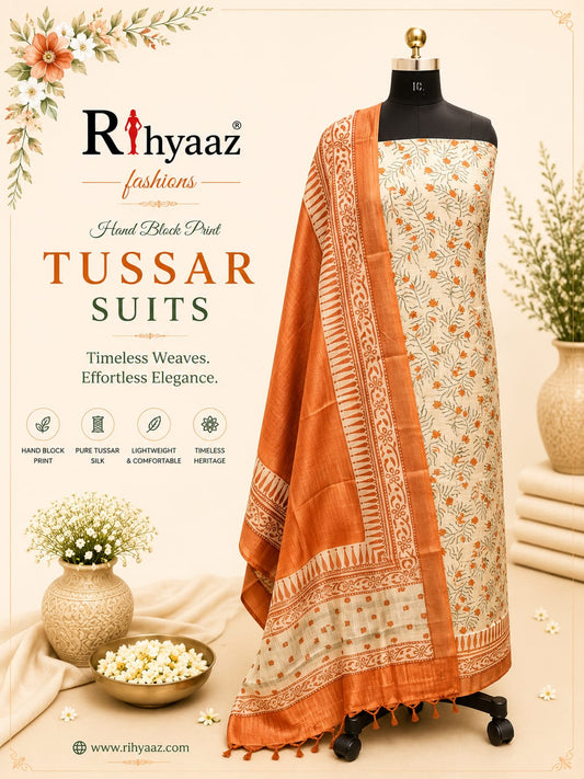 Shringar Handblock Printed Tussar Suit with Zari Border Dupatta