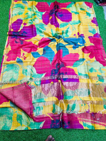 Pure Handloom Tussar Silk – Digital Print & Hand-Painted Saree (Silk Mark Certified)