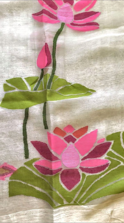 Sushma Pure Silk Jayashree Linen Saree by Rihyaaz featuring handwoven lotus needlework on premium Jayashree linen with pure silk. An elegant dyeable handloom saree ideal for weddings, festive celebrations, cultural events, and luxury ethnic wear.