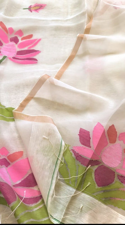 Sushma Pure Silk Jayashree Linen Saree by Rihyaaz featuring handwoven lotus needlework on premium Jayashree linen with pure silk. An elegant dyeable handloom saree ideal for weddings, festive celebrations, cultural events, and luxury ethnic wear.