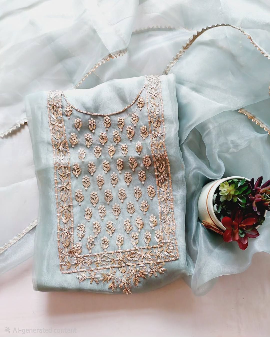 Zareena- Organza Heavy Jardozi Work Kurta with Organza Gotta Lace Dupatta