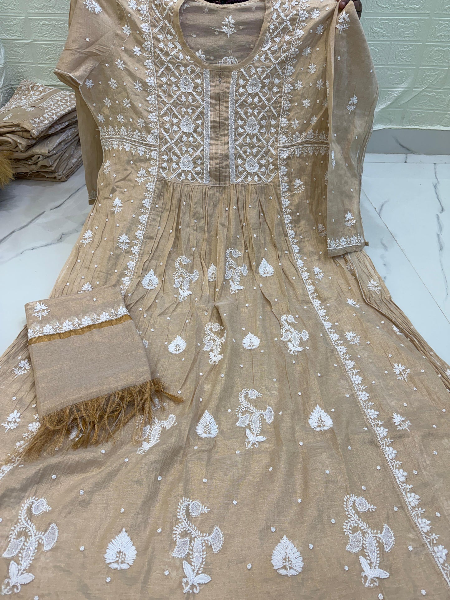 Fabric Tissue Chanderi Semi-Stitched Gown