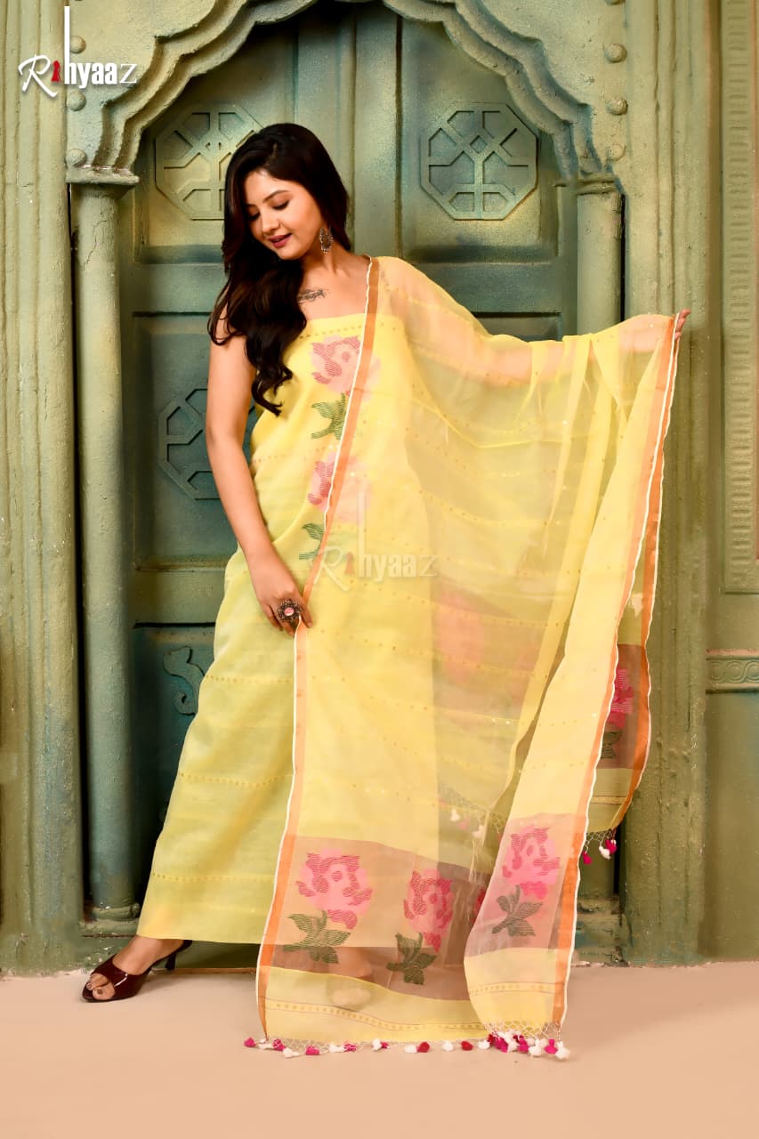 𝓡𝓸𝓼𝓪𝓵𝓲𝓷 - Silk muslin sequin weaved needle Jamdani with tissue palla jamdani dupatta
