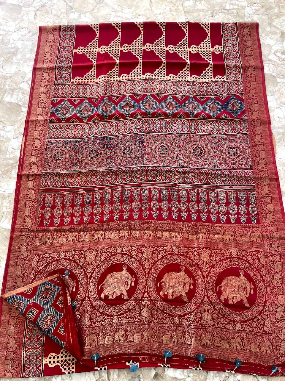 Dola Benarasi Pallu Ajrakh Hand Block Print Saree | Authentic Handloom Elegance