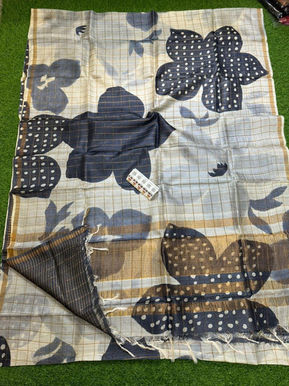 Pure Handloom Tussar Silk – Digital Print & Hand-Painted Saree (Silk Mark Certified)