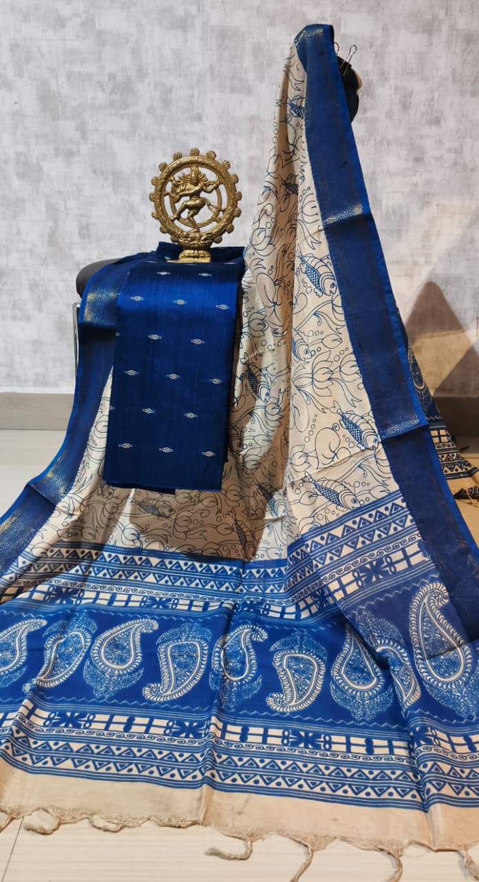 Ikkat Raw Silk Unstitched Dress Material with Kalamkari Dupatta