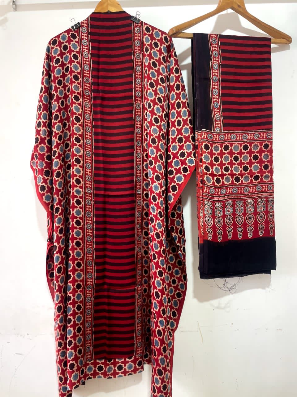 Coral- Modal Silk Handblock Ajrakh Suits in Red Shade – Elegance That Speaks Tradition