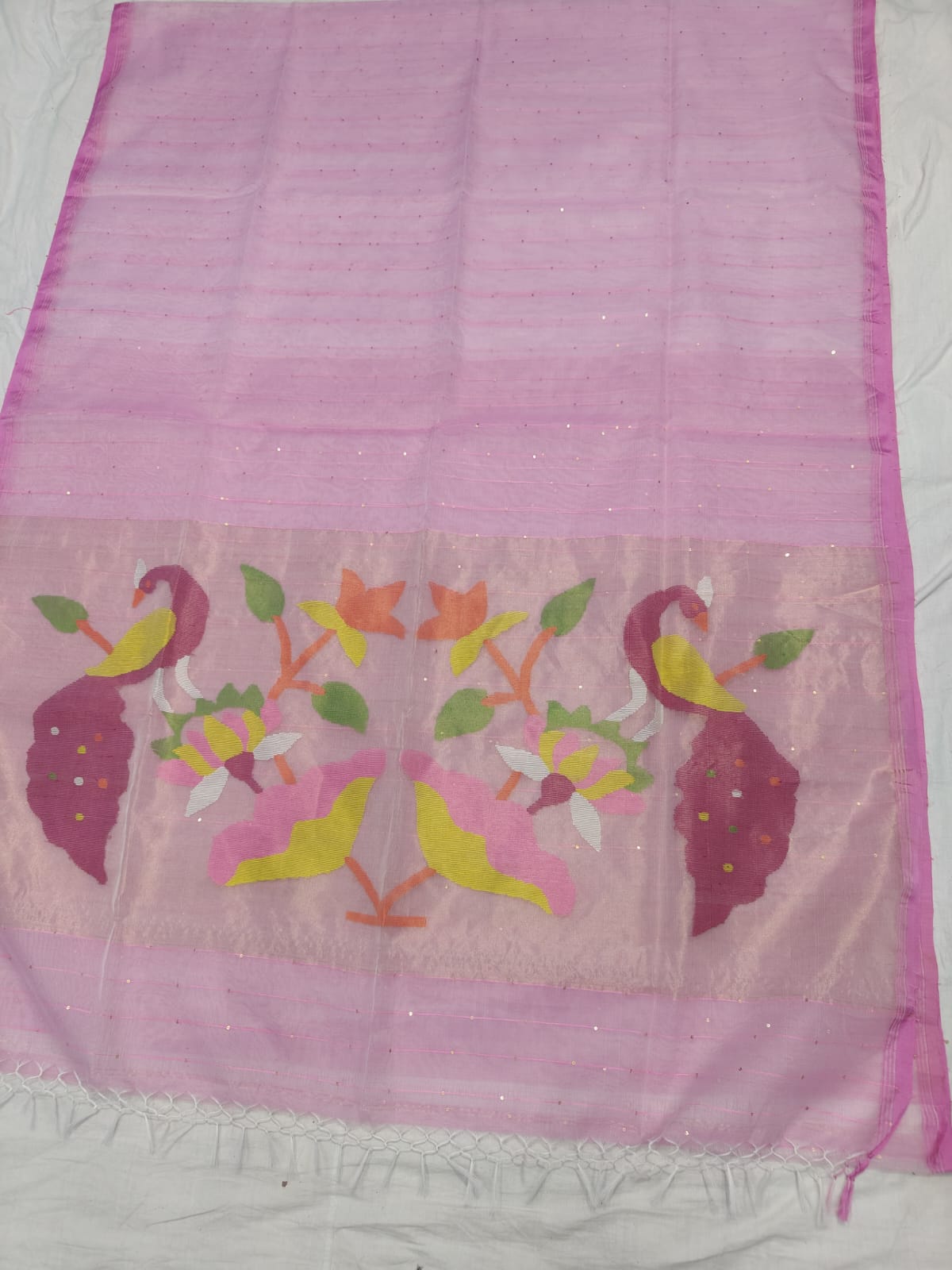 𝓞𝓭𝓱𝓪𝓷𝓲 – Muslin Silk Pathani Weave Saree with All-Over Sequin Elegance