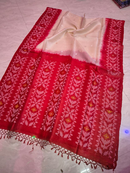 Pure Tussar Jamdani Tie-Dye Saree | Handwoven Tussar Silk with Blouse