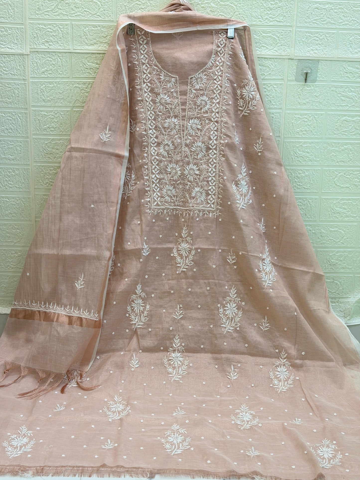 Fabric Rose Gold Tissue Chanderi Suit Set | Chikan Fine Work | Pearl & Cutdana Detailing | Dyeable Fabric