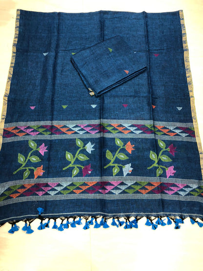 Twig Teal blue Premium Linen Needle Weaved Jamdani Suit by Rihyaaz with triangle woven top and floral Jamdani dupatta, handcrafted elegant ethnic wear.