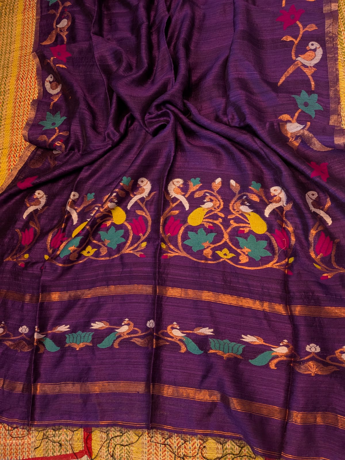 Utsav Deep Purple Pure Matka Jamdani saree by Rihyaaz Fashions featuring a Paithani-style pallu, handwoven designer border and contrasting tested zari borders.