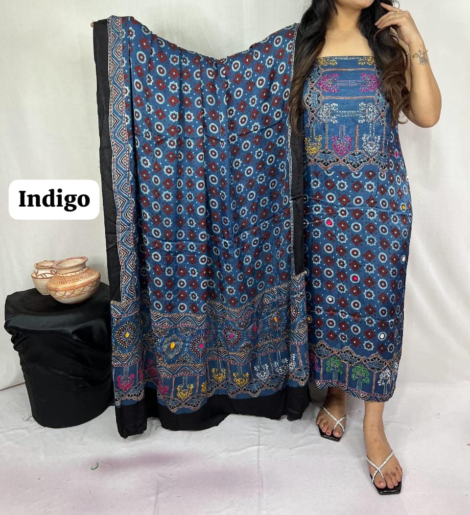 Pure Modal Silk Ajrakh Hand Block Printed Suit | Natural Dye | Premium Handcrafted Set