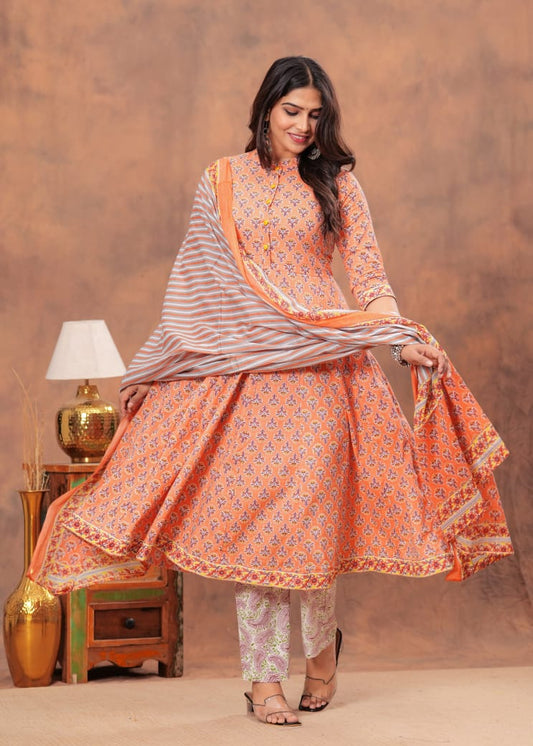 A-Line Anarkali Kurti Pant Set With Dupatta - Bagru Hand Block Printed | Pure Cotton Fabric | Customisable Sizes