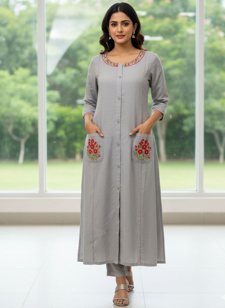 Kaavya – Elegant Flair Straight Kurta Set | Cotton Pant & Malmal Dupatta | Premium Embroidered Suit Set