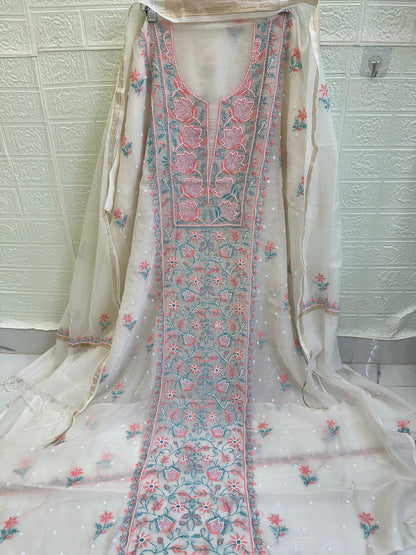 Fabric Mul Mul Chanderi Suit Set – Kurta & Dupatta | Chikan Fine Work | Colour Thread Embroidery | Pearl & Cuttdhana Detailing | Dyeable Fabric