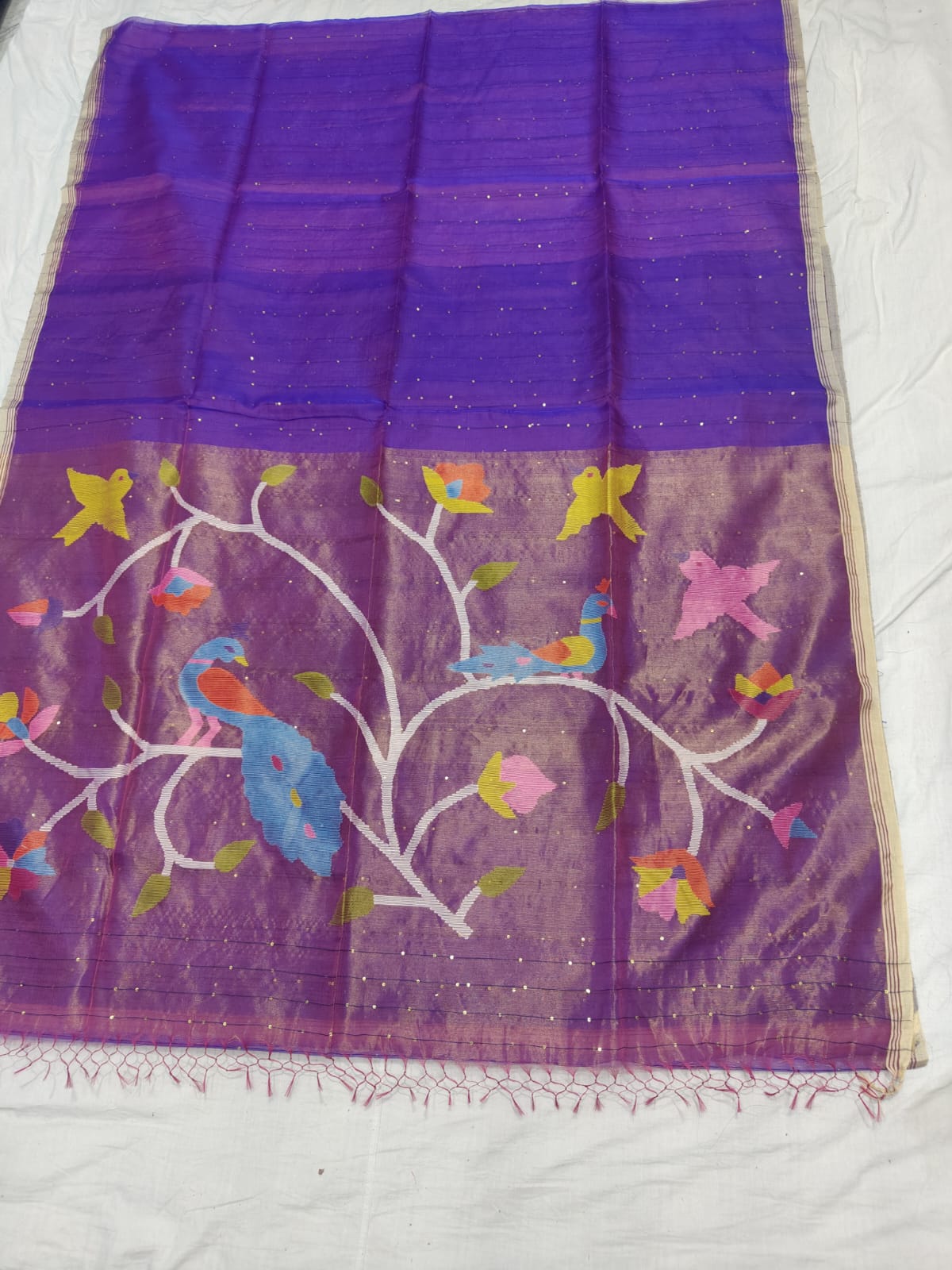 𝓞𝓭𝓱𝓪𝓷𝓲 – Muslin Silk Pathani Weave Saree with All-Over Sequin Elegance